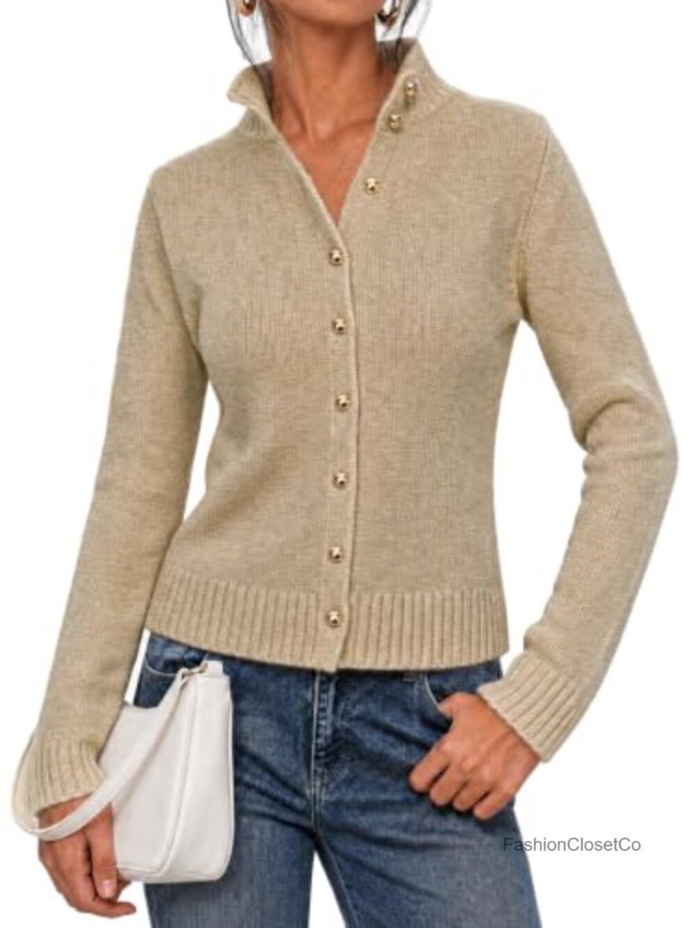 Women's Button Up Cardigan Long Sleeve Knit Sweater Stand Collar